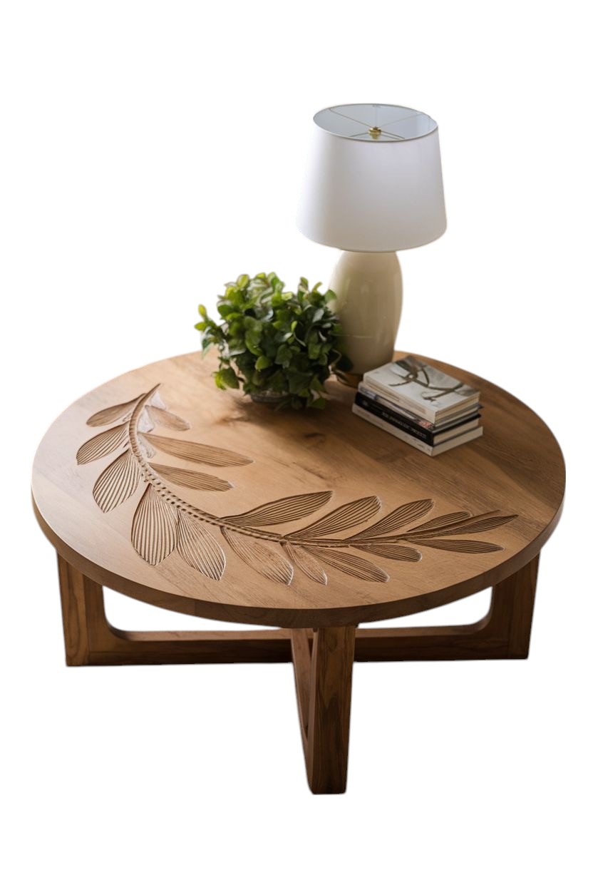 A carved round table with natural olive branch engraving.