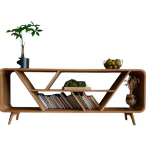 Diagonal wooden shelf unit with sculptural form