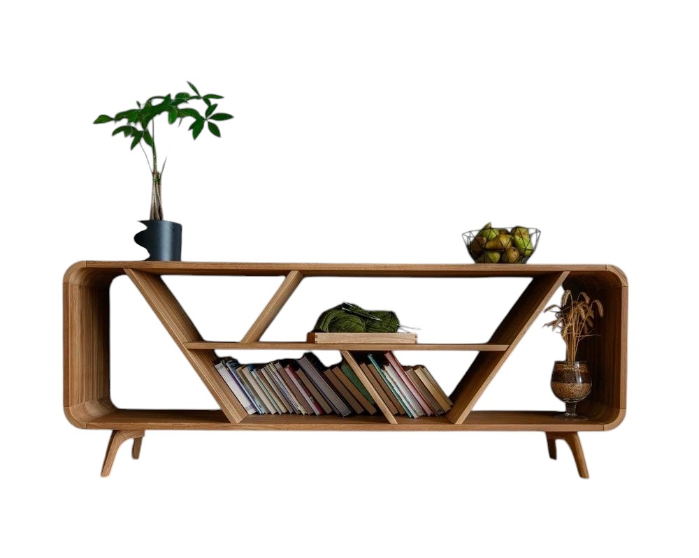 Diagonal wooden shelf unit with sculptural form