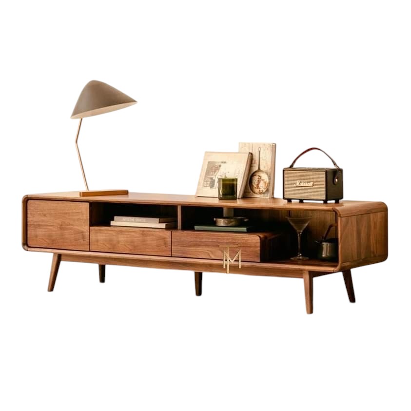Retro-style TV console with drawers and open shelves