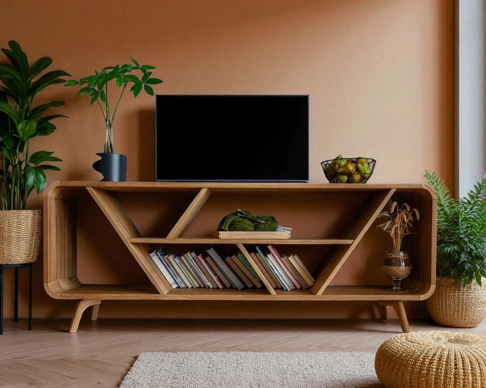 Minimal TV stand with walnut tone and curved frame