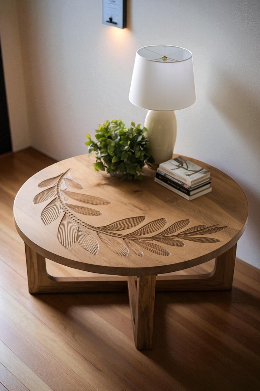 A carved round table with natural olive branch engraving.